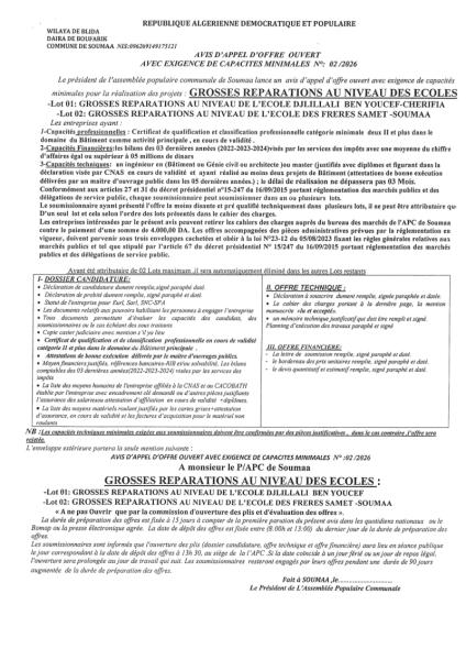 AVIS D'APPEL D'OFFRES OUVERT AVEC EXIGENCE DE CAPACITE MINIMALES N°02/2025