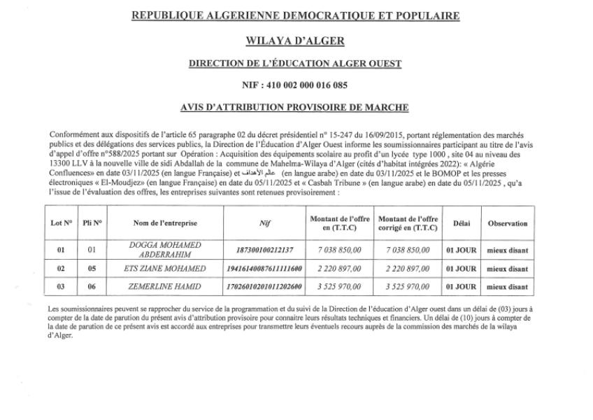 AVIS D'ATTRIBUTION PROVISOIRE DE MARCHE