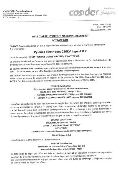 AVIS D'APPEL D'OFFRES NATIONAL RESTREINT N°274/25/DE