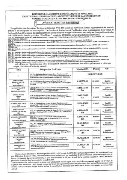 AVIS D'ATTRIBUTION PROVISOIRE