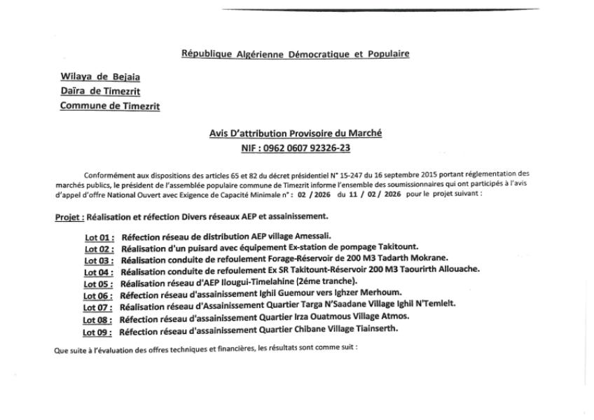 AVIS D'ATTRIBUTION PROVISOIRE DU MARCHE