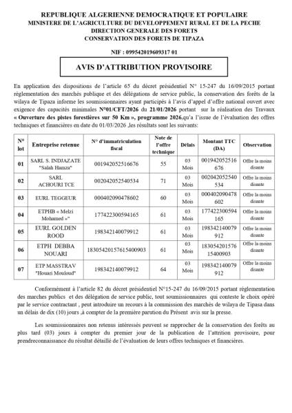 AVIS D'ATTRIBUTION PROVISOIRE