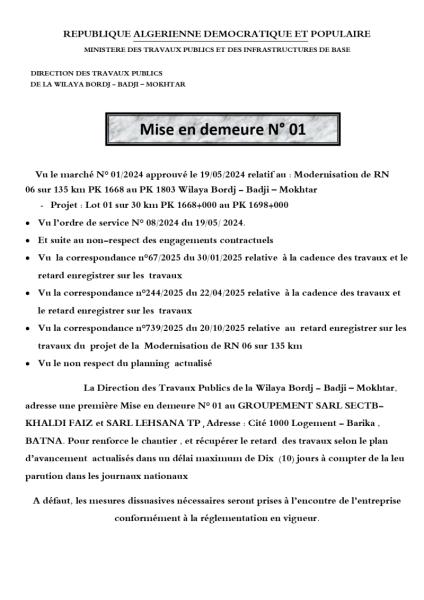 MISE EN DEMEURE N°01