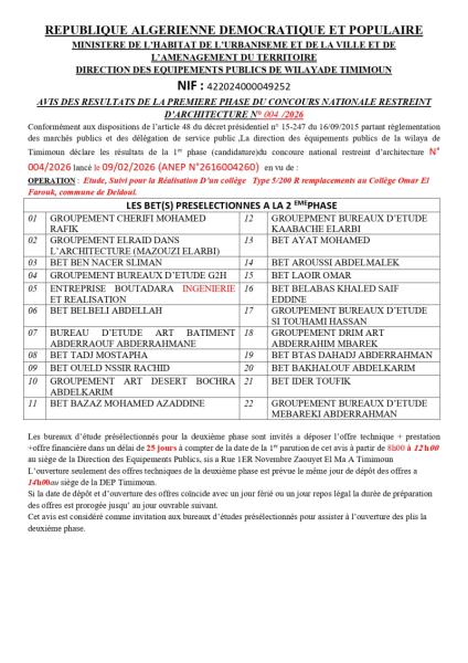 AVIS DES RESULTATS DE LA PREMIERE PHASE DU CONCOURS NATIONAL RESTREINT D'ARCHITECHTURE N°004/25