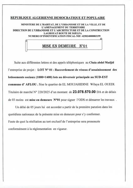 MISE EN DEMEURE N°01