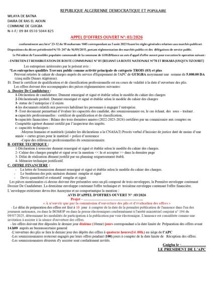 APPEL D'OFFRES OUVERT N°03/2026