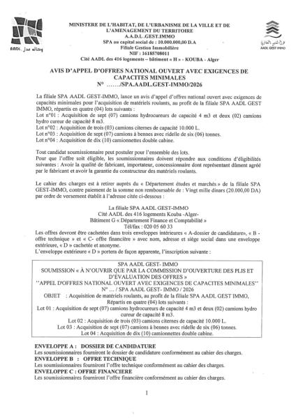 AVIS D'APPEL D'OFFRES NATIONAL OUVERT AVEC EXIGENCE DE CAPACITE MINIMALES N°........./SPA.AADL.GEST-IMMO/2026