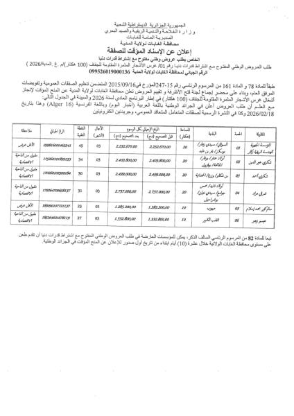 إعلان عن اسناد المؤقت لصفقة