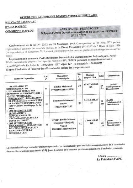 AVIS D'OCTROI PROVISOIRE D'APPEL D'OFFRES OUVERT AVEC EXIGENCE DE CAPACITE MINIMALES N°11/2026