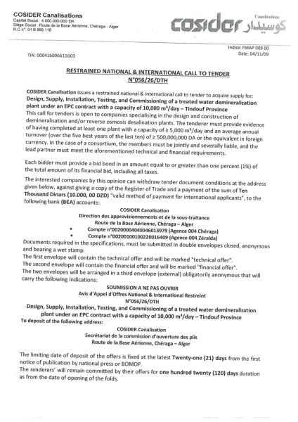 RESTRAINES NATIONAL AND INTERNATIONAL CALL TO TENDER N°056/26/DTH