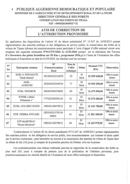 AVIS DE CORRECTION DE L'ATTRIBUTION PROVISOIRE