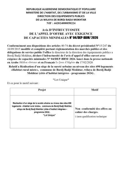 AVIS D'INFRUCTUOSITÉ DE L'APPEL D'OFFRES AVEC EXIGENCE DE CAPACITE MINIMALES N°04/DEP-BBM./2026