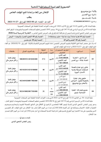 الإعلان عن إلغاء و اعادة المنح المؤقت الخاص بطلب العروض المفتوح رقم 05/2025