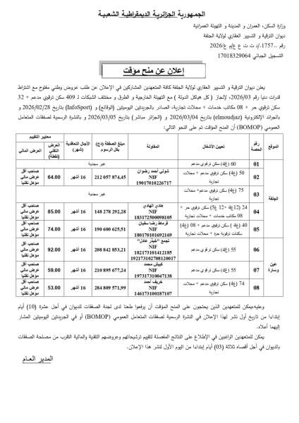 إعلان عن منح مؤقت