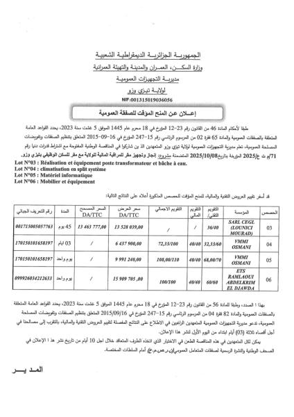 إعلان عن لبمنح المؤقت لصفقة العمومية
