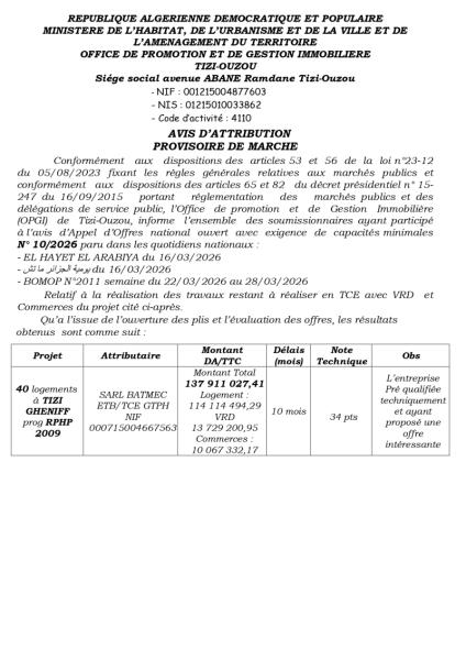 AVIS D'ATTRIBUTION PROVISOIRE DE MARCHE