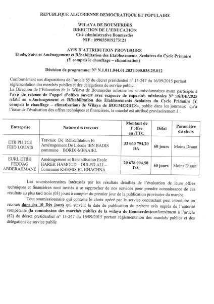 AVIS D'ATTRIBUTION PROVISOIRE
