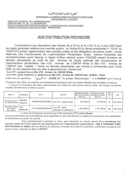 AVIS D'ATTRIBUTION PROVISOIRE