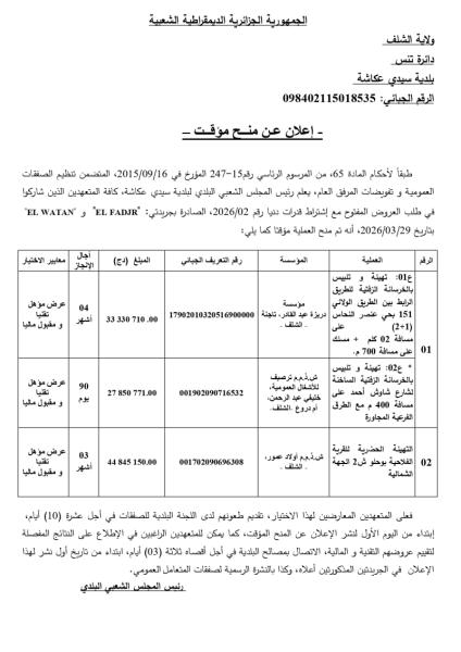 إعلان عن منح مؤقت