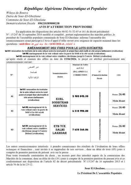 AVIS D’ATTRIBUTION PROVISOIRE