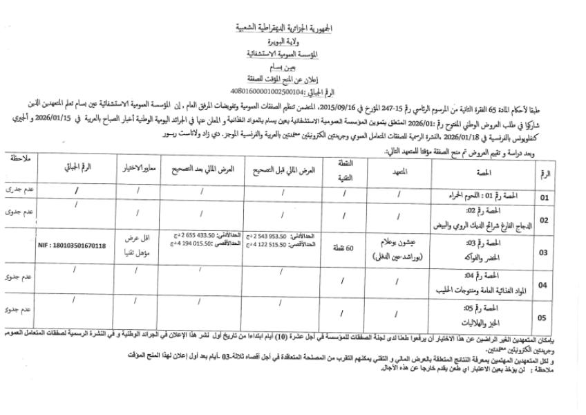إعلان عن المنح المؤقت للصفقة