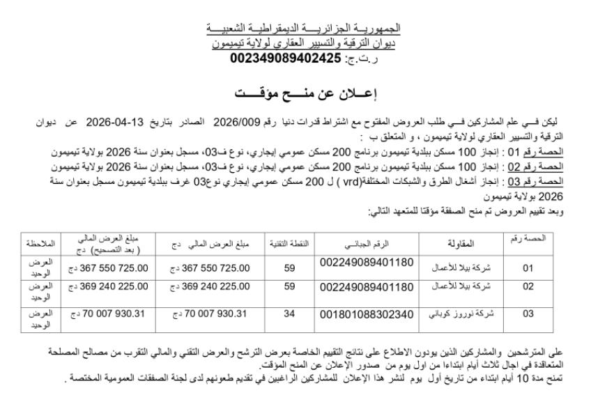 إعلان عن منح مؤقت