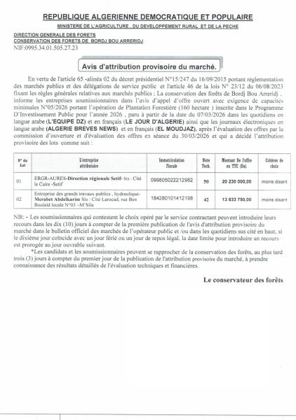 Avis d'attribution provisoire du marché.