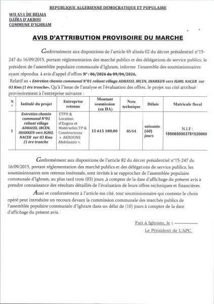 AVIS D’ATTRIBUTION PROVISOIRE DU MARCHE