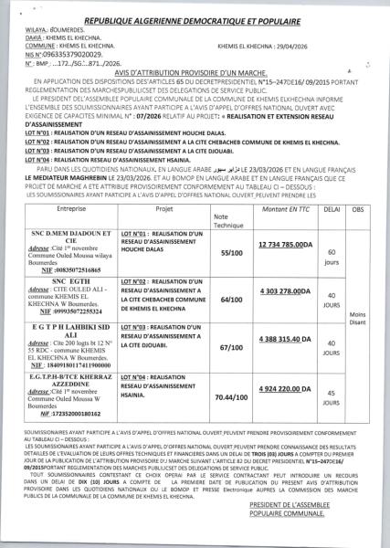 AVIS D’ATTRIBUTION PROVISOIRE D'UN MARCHE