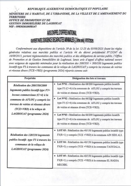 Avis d’appel d’offres national ouvert avec exigence de capacités minimales(2éme avis) N°: 07/2026