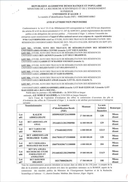 AVIS D’ATTRIBUTION PROVISOIRE