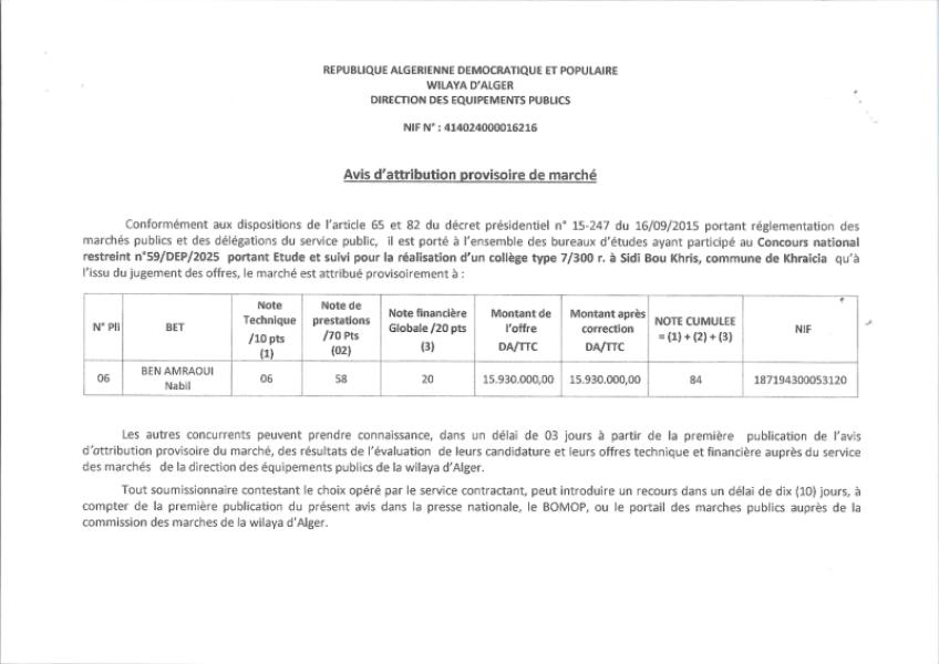 AVIS D’ATTRIBUTION PROVISOIRE DE MARCHE