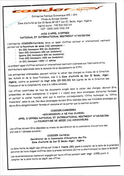 AVIS D'APPEL D'OFFRES NATIONAL ET INTERNATIONAL RESTREINT N°64/DG/26K