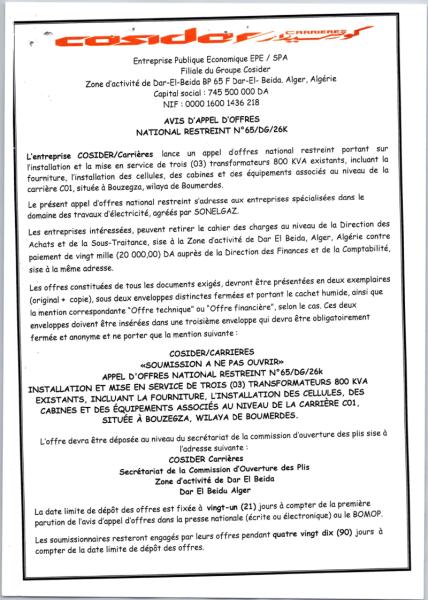 AVIS D'APPEL D'OFFRES NATIONAL ET INTERNATIONAL RESTREINT N°65/DG/26K