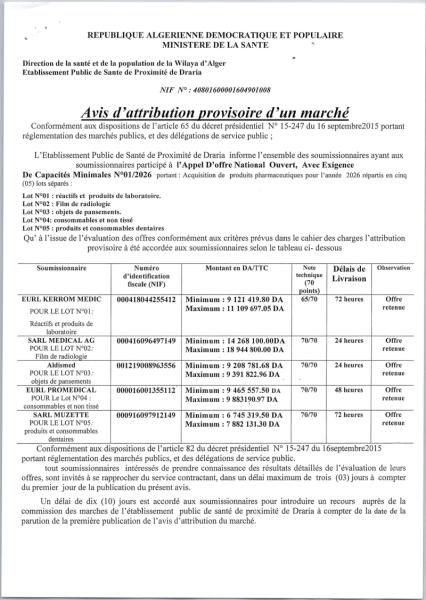 Avis d'attribution provisoire d'un marché