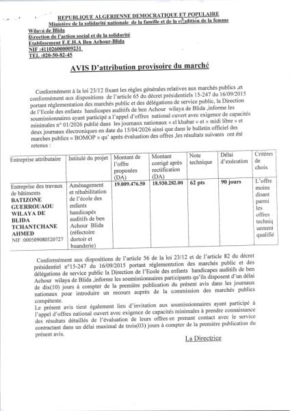 AVIS D'attribution provisoire du marché