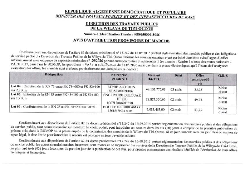 AVIS D'ATTRIBUTION PROVISOIRE DU MARCHE