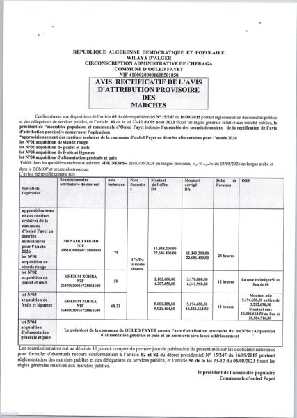 AVIS RECTIFICATIF DE L'AVIS D'ATTRIBUTION PROVISOIRE DES MARCHES