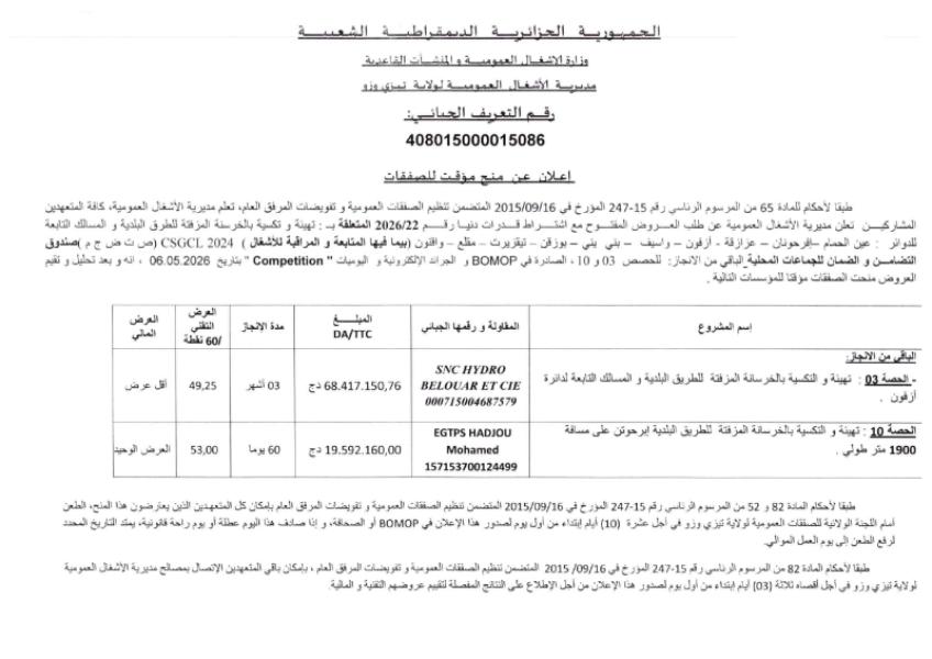إعلان عن منح مؤقت للصفقات