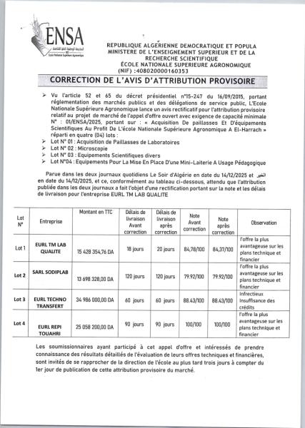 CORRECTION DE L'AVIS D'ATTRIBUTION PROVISOIRE