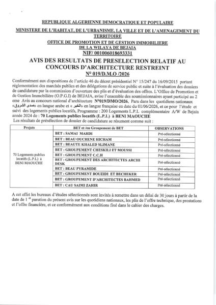 AVIS DES RESULTATS DE PRESELECTION RELATIF AU CONCOURS D'ARCHITECTURE RESTREINT N° 019/D.M.O /2026