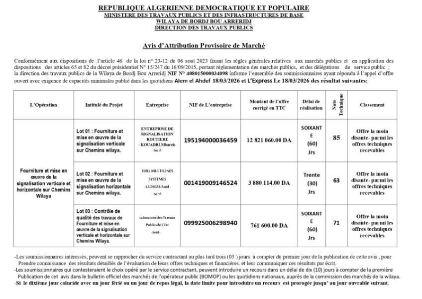 Avis d'Attribution Provisoire de Marché