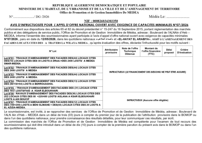 AVIS D'INFRUCTUOSITE POUR L'APPEL D'OFFRE NATIONAL OUVERT AVEC EXIGENCE DE CAPACITES MINIMALES N°07/2026