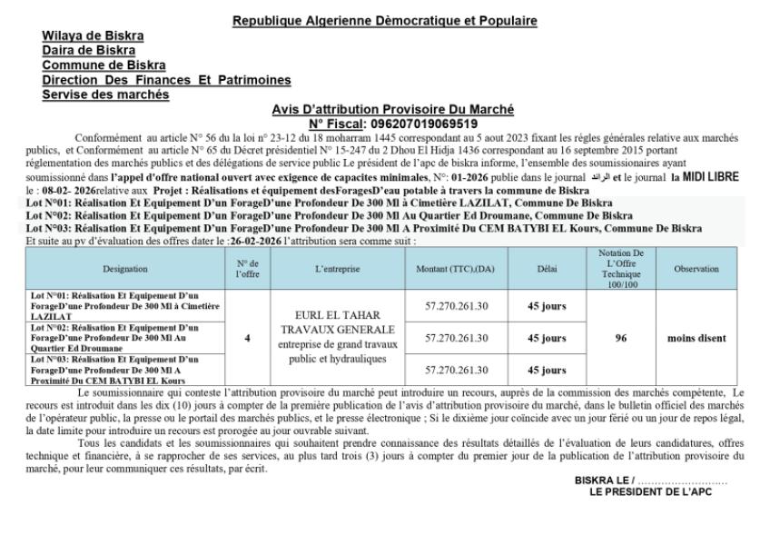 Avis D'attribution Provisoire Du Marché