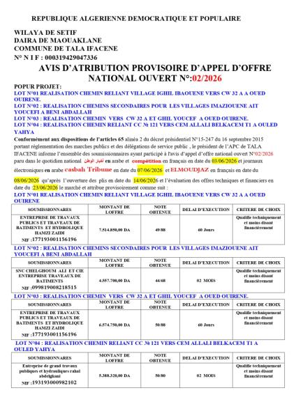 AVIS D'ATRIBUTION PROVISOIRE D'APPEL D'OFFRE NATIONAL OUVERT N°:02/2026