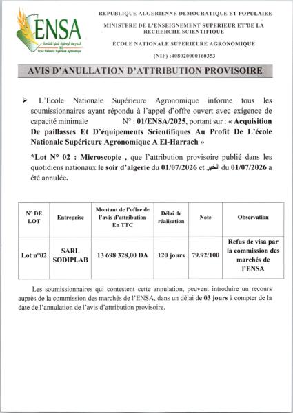 AVIS D'ANULLATION D'ATTRIBUTION PROVISOIRE