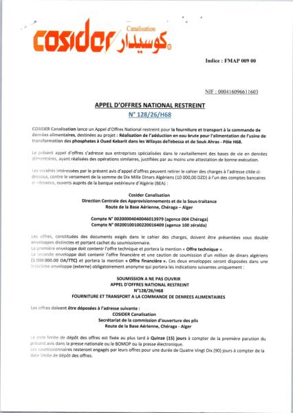 APPEL D'OFFRES NATIONAL RESTREINT N° 128/26/H68
