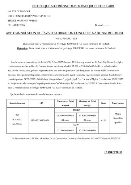 AVIS D'ANNULATION DE L'AVIS D'ATTRIBUTION CONCOURS NATIONAL RESTREINT
