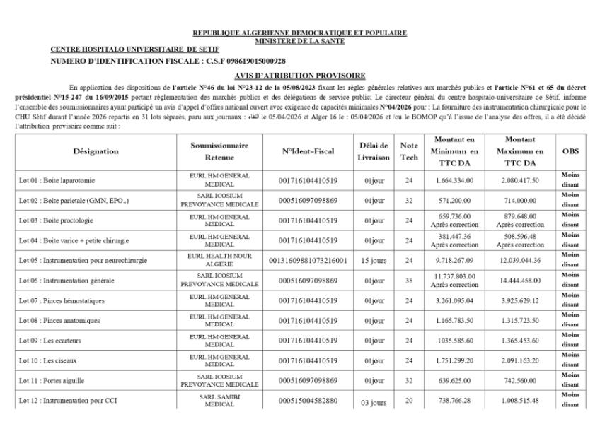 AVIS D'ATTRIBUTION PROVISOIRE