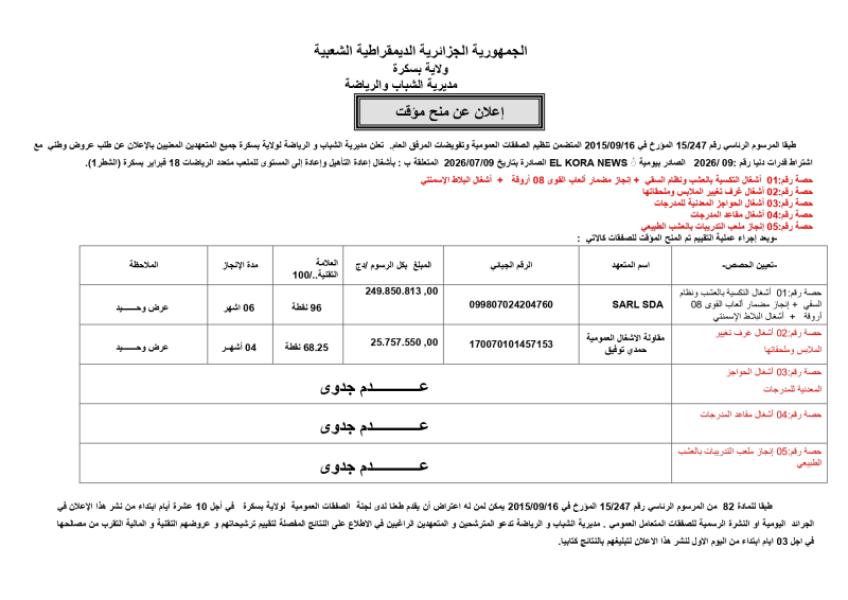 -إعلان عن المنح المؤقت